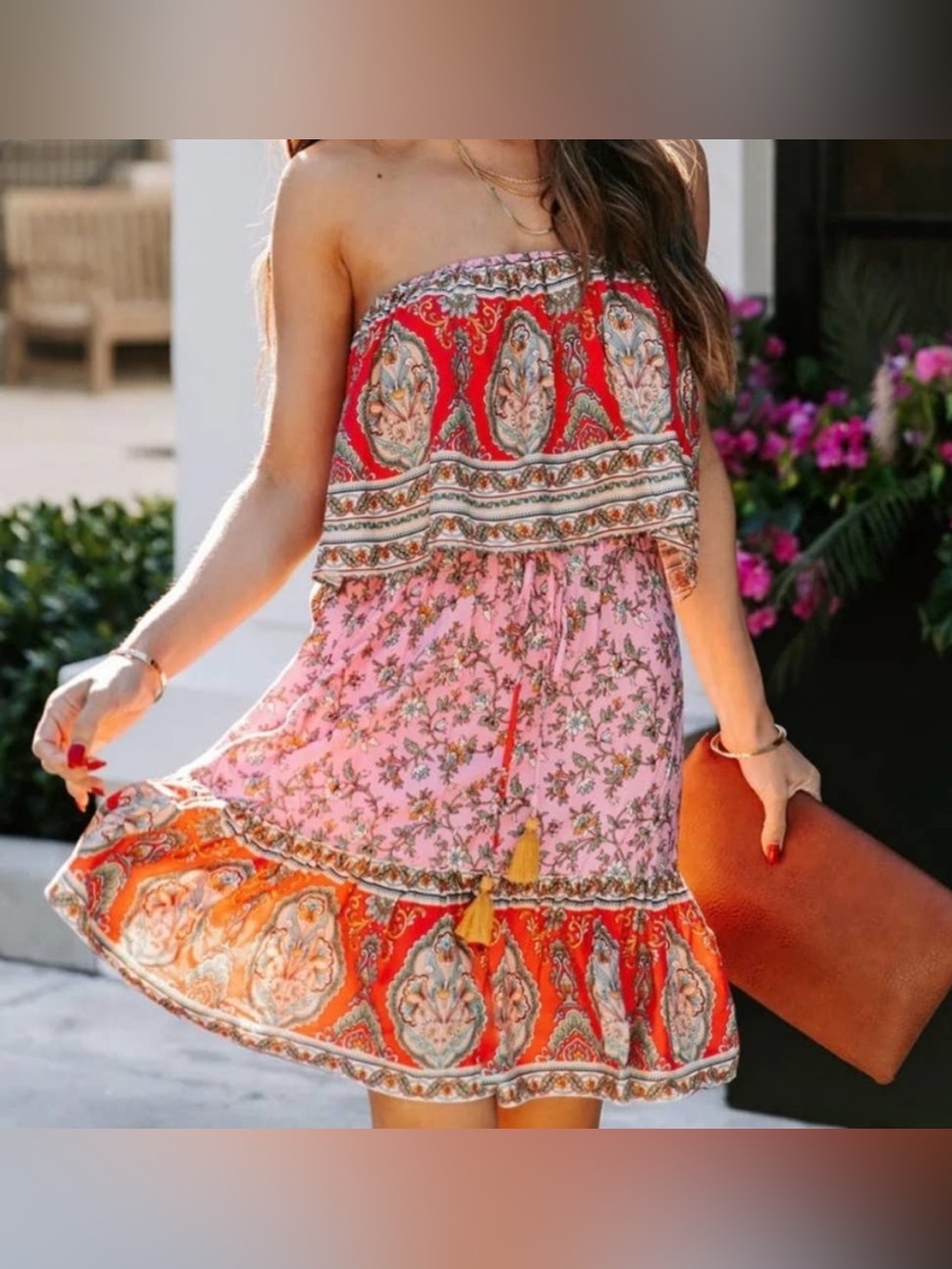 AaKaa Women’s Pink Green Floral Boho Strapless Ruffle Mini Dress